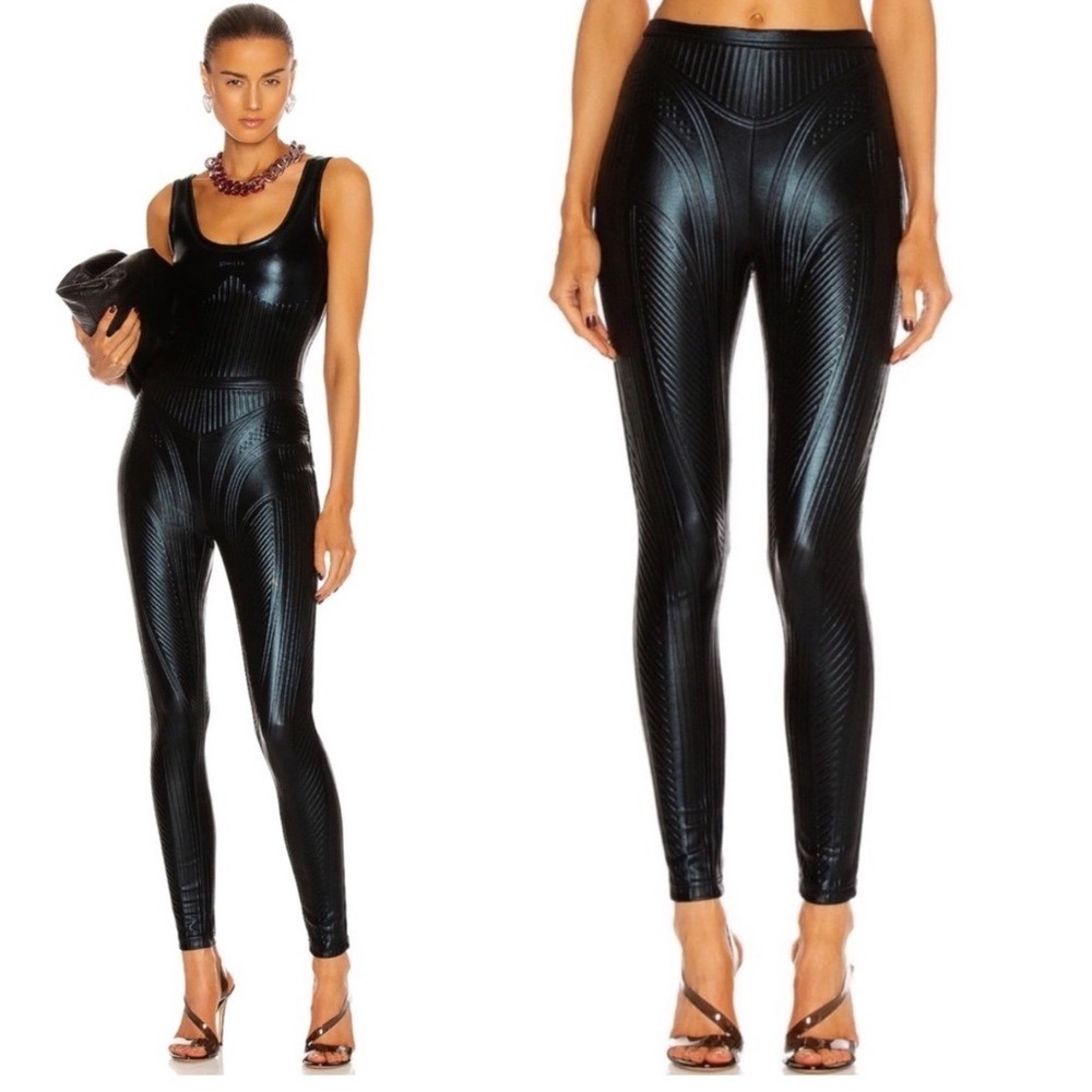 MUGLER Women's Black Embossed Faux Leather Leggings Size 42 US 10